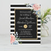 Rozen van Black and White Stripes Flowers Wedding Kaart (Staand voorkant)