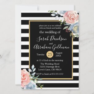 Rozen van Black and White Stripes Flowers Wedding Kaart