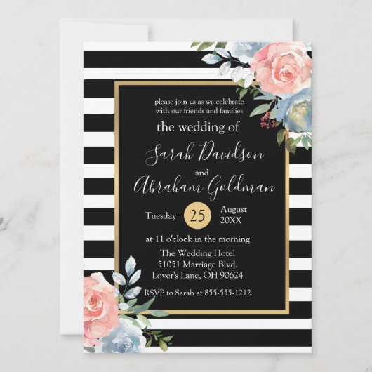 Rozen van Black and White Stripes Flowers Wedding Kaart (Voorkant)