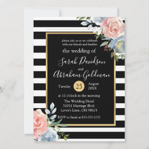 Rozen van Black and White Stripes Flowers Wedding Kaart