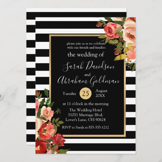 Rozen van Black and White Stripes Flowers Wedding Kaart (Voorkant / Achterkant)