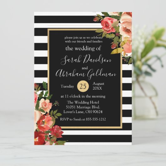 Rozen van Black and White Stripes Flowers Wedding Kaart (Staand voorkant)