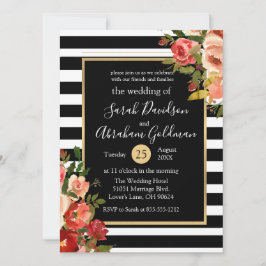 Rozen van Black and White Stripes Flowers Wedding Kaart