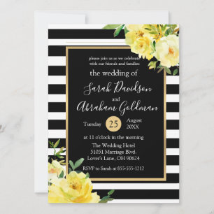 Rozen van Black and White Stripes Flowers Wedding Kaart