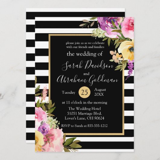 Rozen van Black and White Stripes Flowers Wedding Kaart (Voorkant / Achterkant)