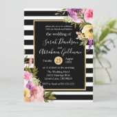 Rozen van Black and White Stripes Flowers Wedding Kaart (Staand voorkant)