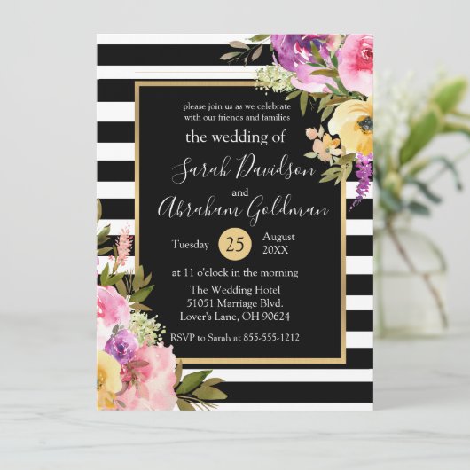 Rozen van Black and White Stripes Flowers Wedding Kaart (Staand voorkant)