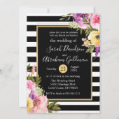 Rozen van Black and White Stripes Flowers Wedding Kaart (Voorkant)