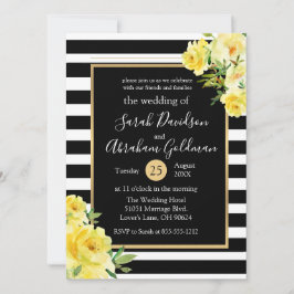 Rozen van Black and White Stripes Flowers Wedding Kaart