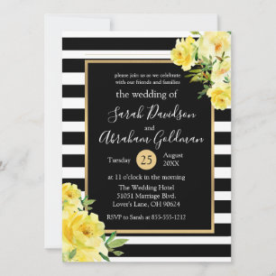 Rozen van Black and White Stripes Flowers Wedding Kaart