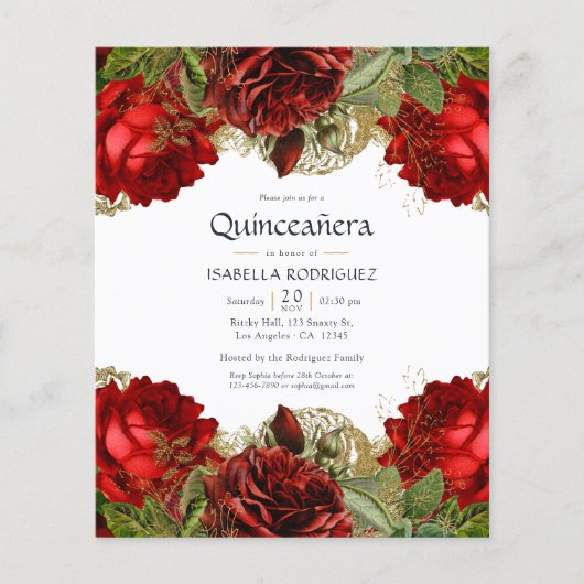  Rozen van Burgundy Red en Gold Quinceañera Flyer (Voorkant)