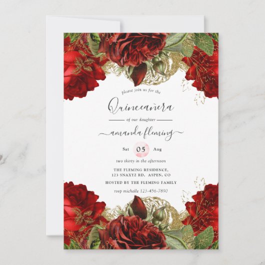 Rozen van Burgundy Red en Gold Quinceañera in Kaart (Voorkant)