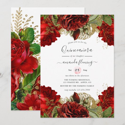  Rozen van Burgundy Red en Gold Quinceañera in Kaart (Voorkant / Achterkant)