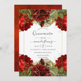  Rozen van Burgundy Red en Gold Quinceañera Kaart