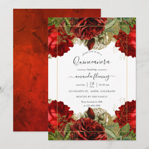Rozen van Burgundy Red en Gold Quinceañera Kaart