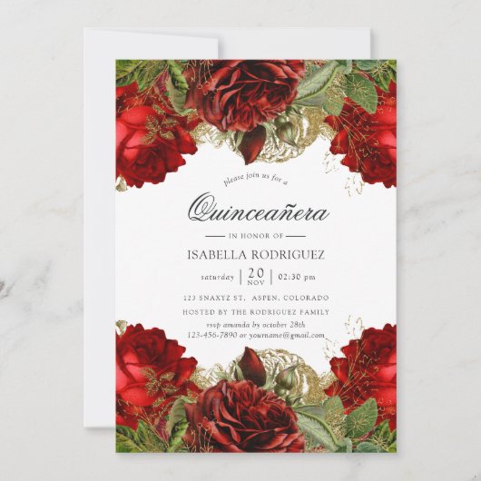  Rozen van Burgundy Red en Gold Quinceañera Kaart (Voorkant)