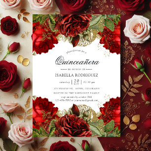 Rozen van Burgundy Red en Gold Quinceañera Kaart