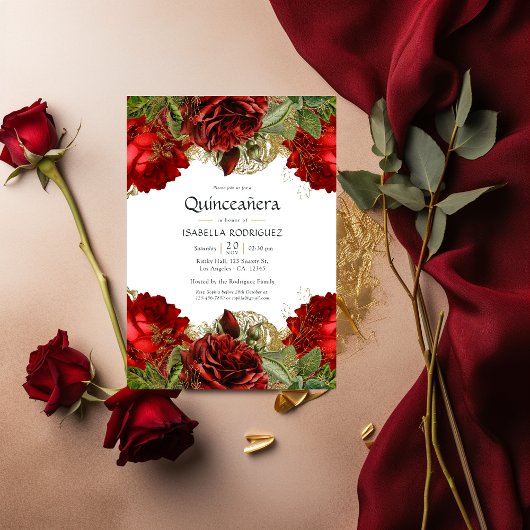  Rozen van Burgundy Red en Gold Quinceañera Kaart