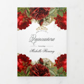 Rozen van Burgundy Red en Gold Quinceañera Tr Drieluik Uitnodiging (Cover)