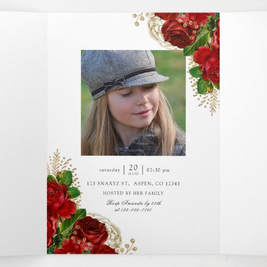  Rozen van Burgundy Red en Gold Quinceañera Tr Drieluik Uitnodiging (Binnenkant midden)