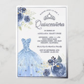 Rozen van de blauwe mousserende garnaal Quinceaner Folie Uitnodiging (Voorkant)