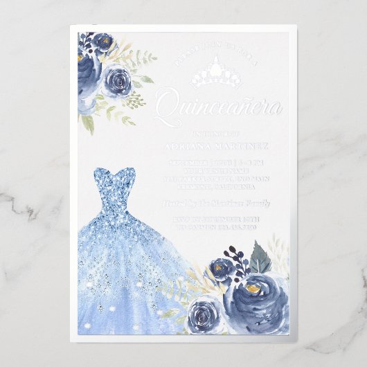 Rozen van de blauwe mousserende garnaal Quinceaner Folie Uitnodiging (Voorkant)