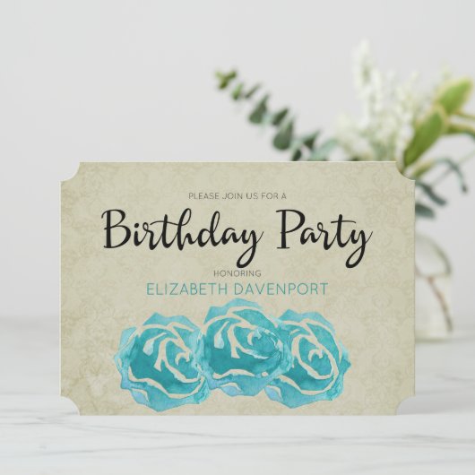 Rozen van de blauwgroen Waterverf op Tan Damask Bi Kaart (Staand voorkant)