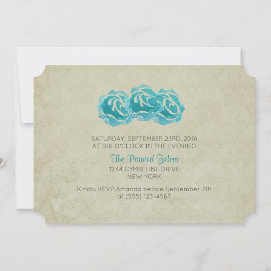 Rozen van de blauwgroen Waterverf op Tan Damask Bi Kaart (Achterkant)