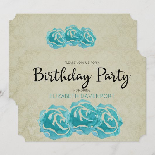 Rozen van de blauwgroen Waterverf op Tan Damask Bi Kaart (Voorkant / Achterkant)