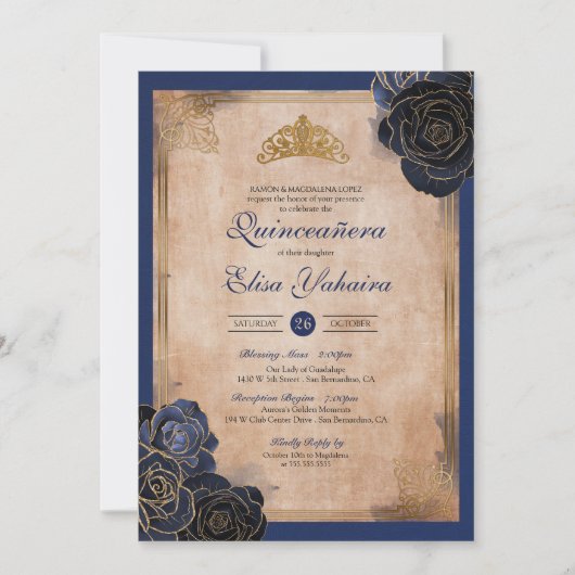 Rozen van de Navy Blue Gold Royal Quinceanera Kaart (Voorkant)