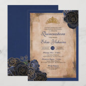  Rozen van de Navy Blue Gold Royal Quinceanera Kaart (Voorkant / Achterkant)