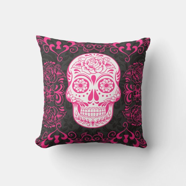 Rozen van de roze zwarte Suiker Gothic Pillow Kussen (Voorkant)