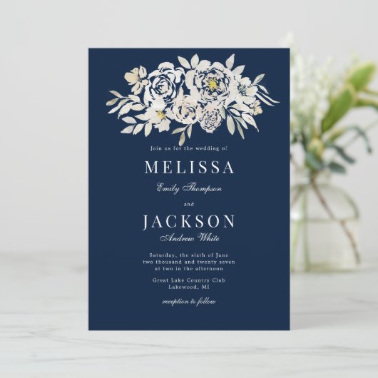 Rozen van de Waterverf van de Blush & Navy Wedding Kaart (Staand voorkant)