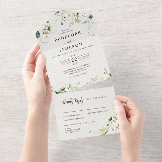 Rozen van de witte ivoor Floral Botanical Wedding All In One Uitnodiging (Afscheurbaar)