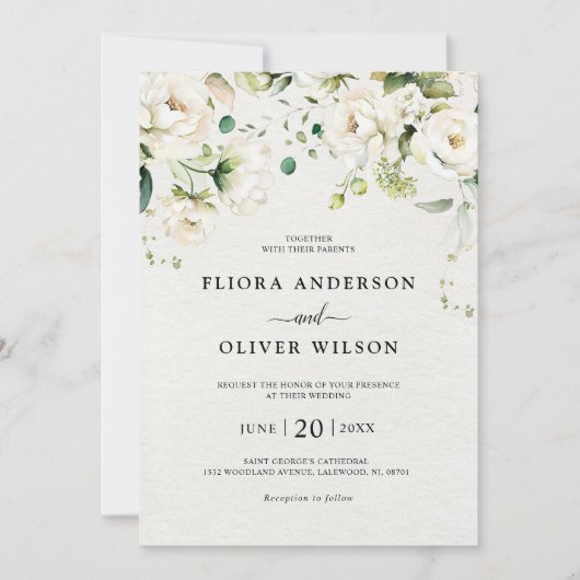 Rozen van de witte ivoor Floral Botanical Wedding Kaart (Voorkant)