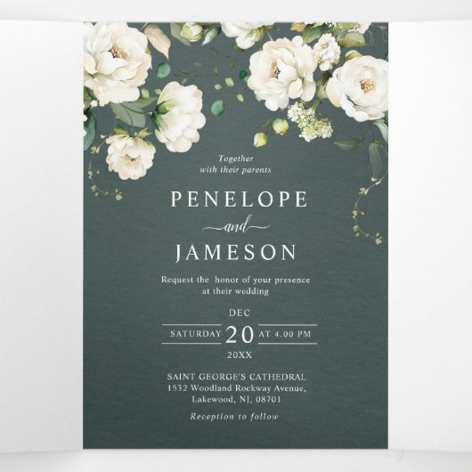 Rozen van de witte ivoor Floral botanische bruilof Drieluik Programma (Binnenkant midden)