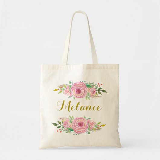 Rozen van gepersonaliseerde Waterverf Floral Canva Tote Bag (Voorkant)