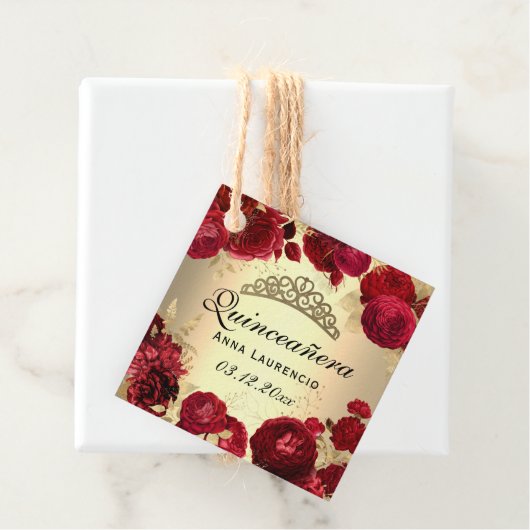 Rozen van goudmakreel en rode flora Quinceanera Bedankjes Labels (In situ)