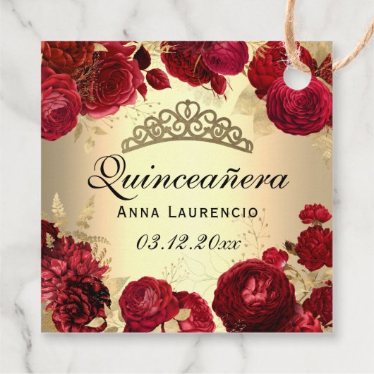 Rozen van goudmakreel en rode flora Quinceanera Bedankjes Labels (Achterkant)