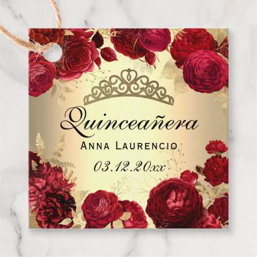 Rozen van goudmakreel en rode flora Quinceanera Bedankjes Labels (Voorkant)