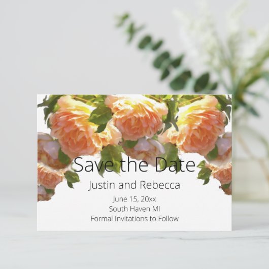 Rozen van koraalperziken, oranje floreel save the date (Staand voorkant)