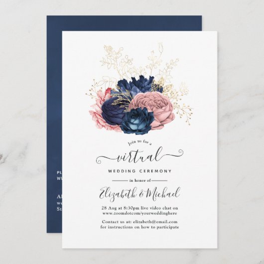 Rozen van Navy en Blush Pink Virtual Wedding Kaart (Voorkant / Achterkant)