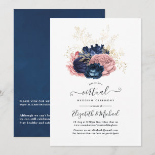  Rozen van Navy en Blush Pink Virtual Wedding Kaart