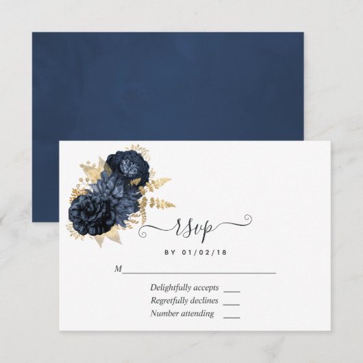 Rozen van Navy en Gold  Shabby RSVP Kaartje (Voorkant / Achterkant)