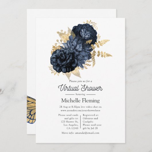  Rozen van Navy en Gold Shabby - Virtual Shower Kaart (Voorkant / Achterkant)