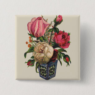 Rozen Victoriaans bloem bloemenroos boeket Vierkante Button 5,1 Cm