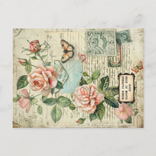  Rozen & Vlinder Botanische Ephemera Briefkaart (Voorkant)