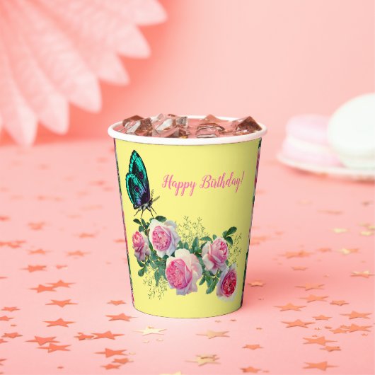 Rozen vlinder Happy Birthday Paper Cups Papieren Bekers (Insitu)