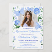 Rozen + Vlinders Lichtblauw Quinceanera Foto Kaart (Voorkant)