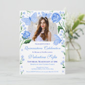 Rozen + Vlinders Lichtblauw Quinceanera Foto Kaart (Staand voorkant)